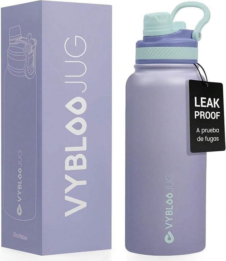 Termo de Acero Inoxidable, Termo de Agua con Doble Pico, Agua Fría (24 horas) o Caliente (12 horas), con Popote y Tapa Antigoteo, con Asa para Transportar (40 oz / 1200 ml, Obsidiana) - Amatista - Añade 4