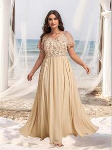 EVERPRETTY Plus Elaborate Embroidered Sequin Applique V Neck Short Sleeves Evening Dress For Dinner Party Fall Wedding Guest Dresses Champagne Bridesmaid Dresses