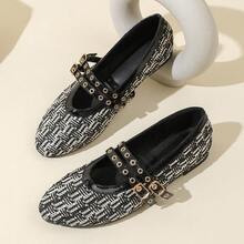 Sapatilhas Pretas e Brancas Trançadas de Bloco de Cores com Bico Redondo para Mulheres, Sapatilhas, Sapatilhas Clássicas, Outono, Balé