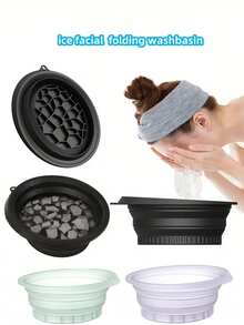 1个家用冰碗，硅胶面部冰疗浴盆，适用于户外，可折叠美容工具冰浴碗，内置冰格，便携式硅胶面部冰浴碗，用于冷疗、紧致肌肤和缓解痤疮，紧凑可折叠洗脸盆，适合日常居家和旅行使用。