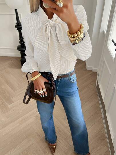 2026 Spring/Summer & Office Commute Shirt | Retro Apricot White Plaid Blouse | Bow Tie Collar & Long Sleeve Design | Elegant For Parties, Dates & New Year Events | Versatile Fashion From Beach To Nightclub