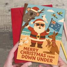 1pc Australian Christmas Card - Holiday Beach Scene With Santa, And Australian Animals - Envelope Style Holiday Greeting For Family, Friends And Colleagues - Perfect For Travel Enthusiasts And Summer Celebrations, Christmas Card | Cartoon Illustration | Paper Card, Christmas Card