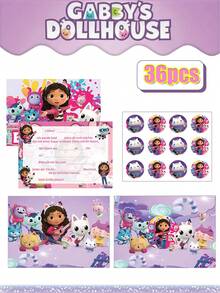 Gabby's Dollhouse Thème de la maison de poupée de Gabby - Nouvelle carte d'invitation de fête de dessin animé, enveloppe, autocollants. Diverses cartes d'invitation de fête colorées imprimées de dessins animés, convenant pour offrir des cadeaux à des amis et à la famille pendant la rentrée scolaire, Halloween, Thanksgiving, Noël et les fêtes.