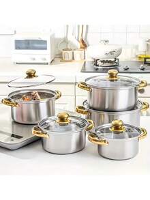 Un ensemble de 10 pièces de batterie de cuisine en acier inoxydable, comprenant des CASSEROLES en acier inoxydable de 16 cm / 18 cm / 20 cm / 22 cm / 24 cm, 5 CASSEROLES avec 5 couvercles en acier inoxydable, des CASSEROLES à soupe profondes à double poignée en métal, fabriqués en acier de haute qualité, disponibles en plusieurs couleurs, très adaptés pour la cuisine à la maison et en restaurant, convenant pour faire de la soupe, du hot-pot, des nouilles et des fruits de mer