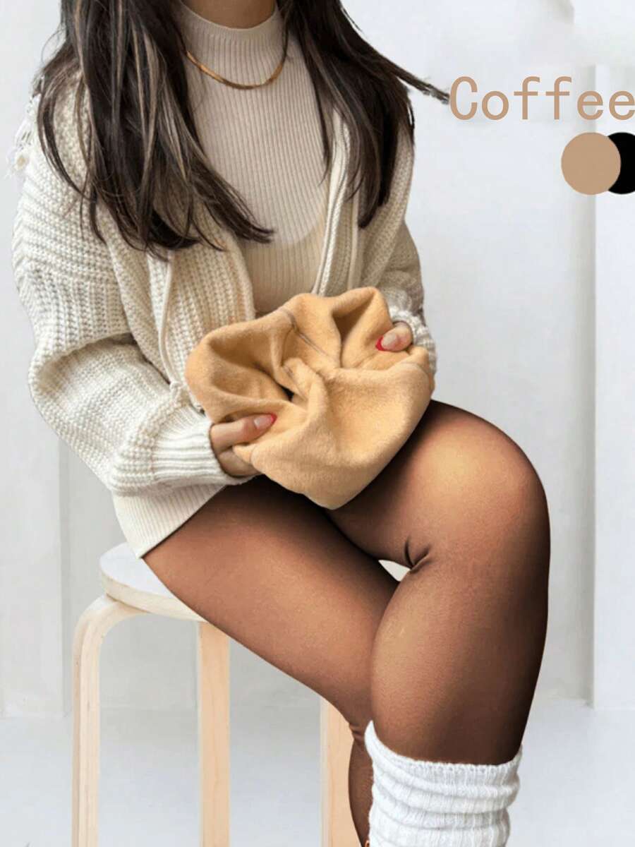 1 Set Of Women's Winter 200g Warm Plush And Thickened Leggings, 5 Colors Suitable For All Skin Colors, Polyester, Nylon, Spandex Blended Leggings, Sexy Translucent Large Size Pantyhose - 咖透膚 - 查看 1