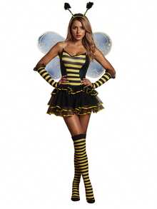 Women Halloween Bee Costume Set Sleeveless Cami Bodysuit With Cute Headband And Mesh Wing - Yellow - View 2