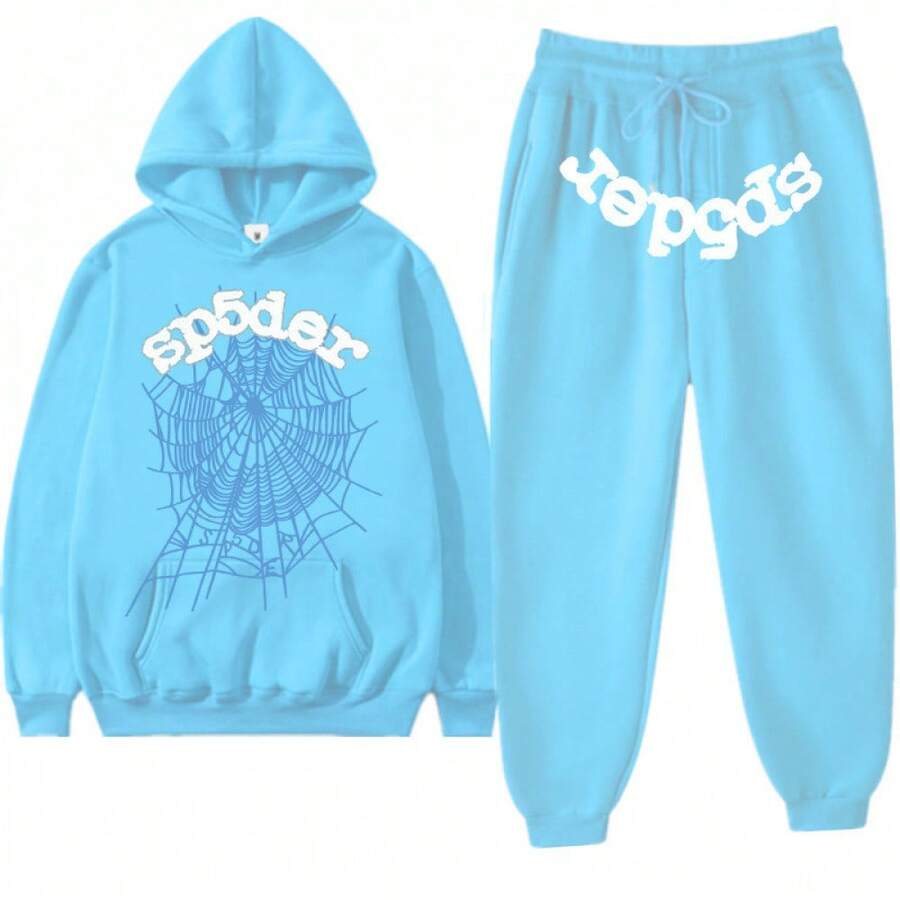 American Hip-Hop Singer Letter Print Couple Sweatshirt Unisex Hoodie Set Black Casual Wear Vacation Wear Streetwear Fabric - 3天藍色 - 查看 1