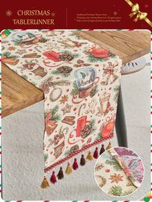 1pc Christmas Atmosphere Table Runner, Red Christmas Stocking With Golden Bell Jacquard Dining Flag, Tea Flag, Rectangular With Tassel, Suitable For Christmas Party Dining Table Decoration, Home Decor