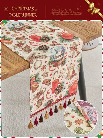 1pc Christmas Atmosphere Table Runner, Red Christmas Stocking With Golden Bell Jacquard Dining Flag, Tea Flag, Rectangular With Tassel, Suitable For Christmas Party Dining Table Decoration, Home Decor