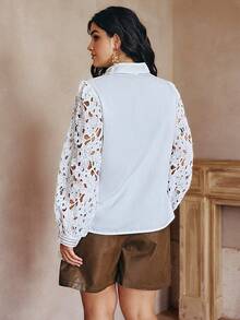 Women's Plus Size Elegant Lace Patchwork Floral Trim Button Front Long Sleeve Blouse, Autumn