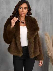 ZIAI ZIAI Women's Vintage Style Open Front Faux Fur Collar Coat, Fashionable Loose Casual Long Sleeve Lapel Jacket Winter Thick Warm Outerwear Oversize Style For Winter