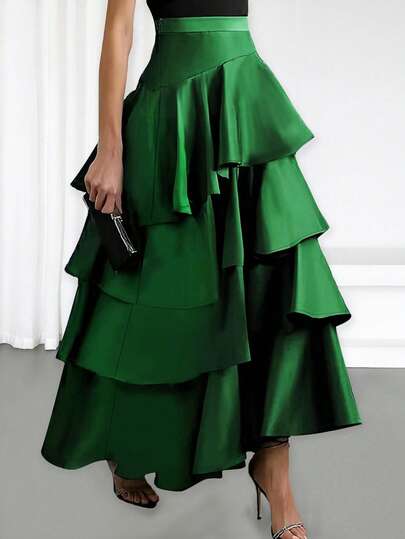 Women's Fashion A-Line Skirt, High Waist Ruffle Hem Solid Color Skirt, Suitable For Summer, Spring, Concerts, Elegant