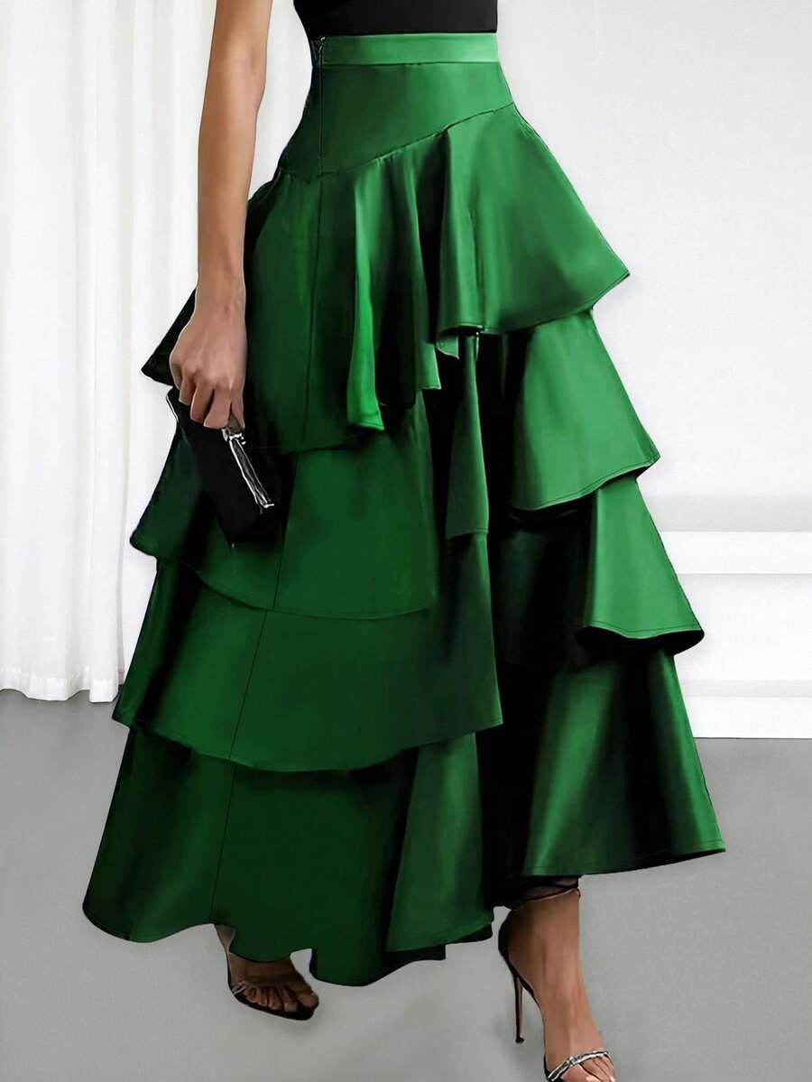 Chân váy chữ A thời trang nữ, chân váy màu trơn cạp cao nhún bèo, thích hợp cho mùa hè, mùa xuân, buổi hòa nhạc, thanh lịch - màu xanh lá - Xem 1