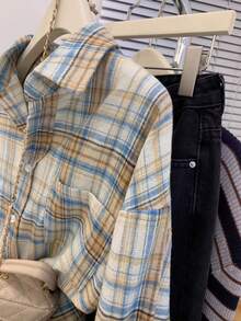 YUXIN 复古美式格子长袖衬衫，别致宽松休闲衬衫，带有设计细节，适合春秋季节