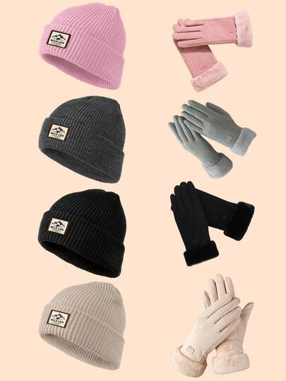 2pcs Set: Knit Warm Hat + Windproof Touchscreen Gloves, Suitable For Jogging, Campus Life, Holiday Gatherings, Comfortable Lining Ensures All-Day Wear, Easily Matches Various Outfits, Ideal For Cold Weather, Skiing Trips And Casual Outings, Unisex 4 Fashionable Solid Color Options For Men And Women