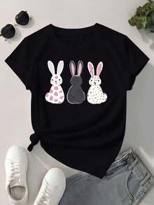 Camiseta gráfica "Conejo de Pascua" ,Camiseta informal de algodón de verano para mujer, manga corta, cuello redondo, 220 g/m2 (1 pieza) - Negro - Ver 2
