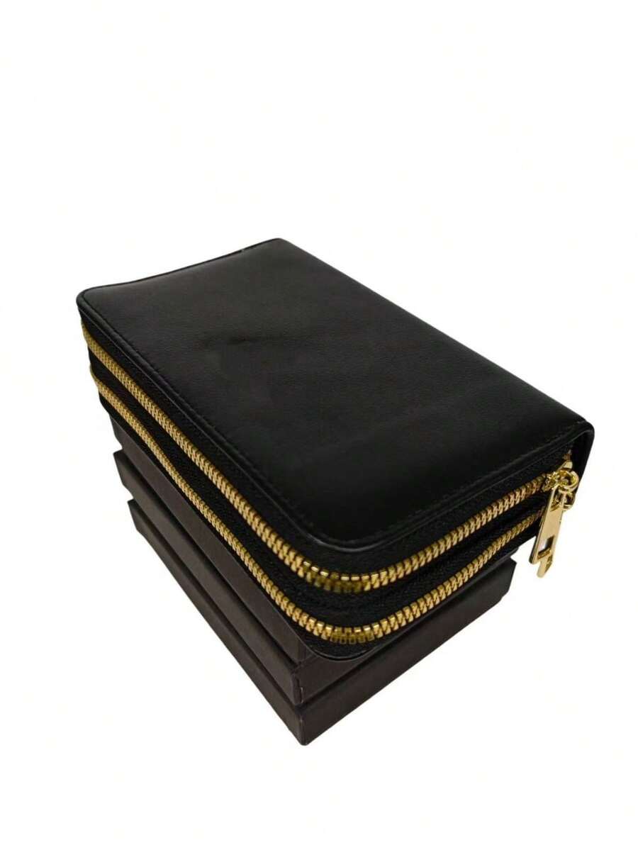 Carteira Feminina 2 Divisórias com Zíper Alça de Mão Porta Cartão Elegante Moda Seguro Placa Logo Sortido - Preto - Visão 1