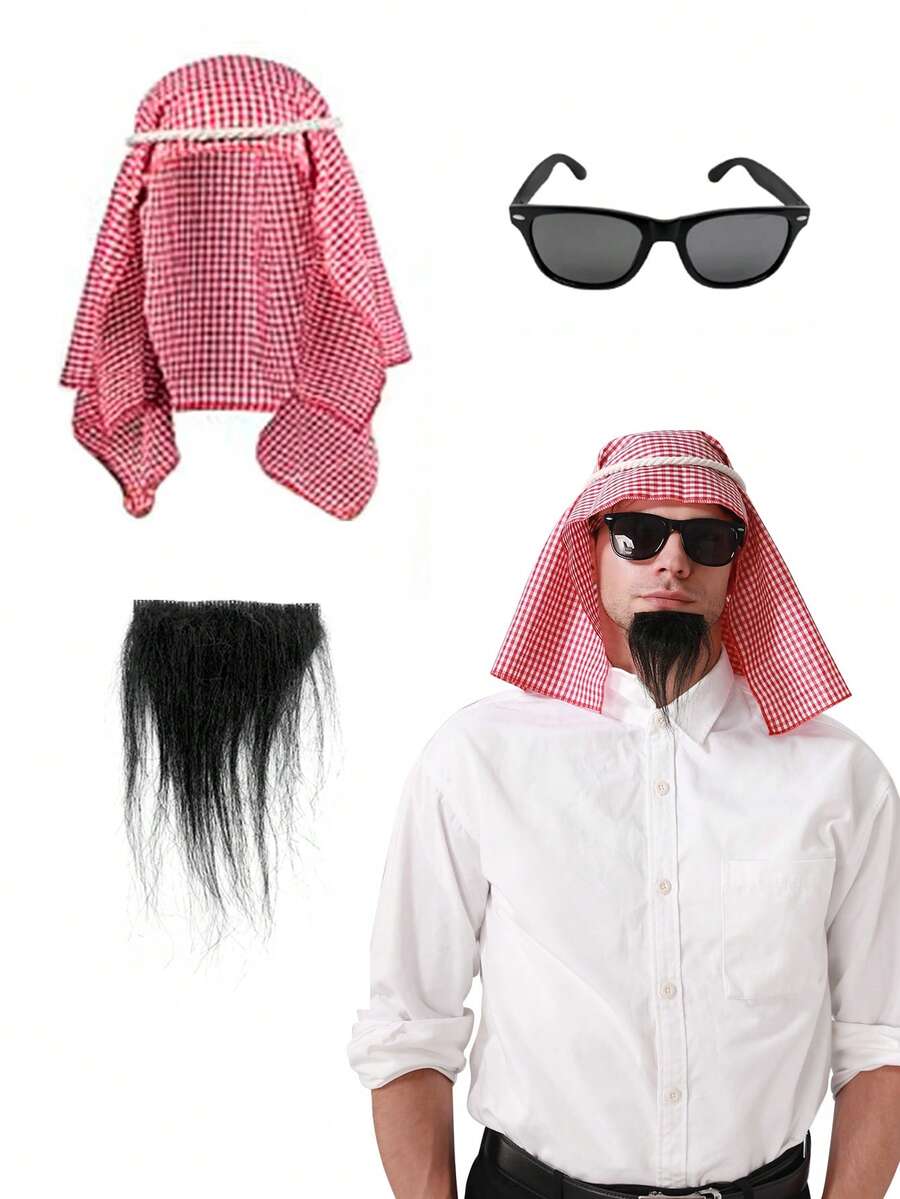 Set di 3 accessori per outfit da uomo in stile anni '80 mediorientale: sciarpa rossa, fascia per capelli in corda, maschera per gli occhi nera e baffi laser neri, adatto per Ognissanti, feste in costume, ruoli, uso quotidiano, festival, cosplay