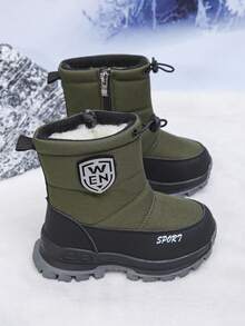 儿童雪地靴，男童女童，幼儿冬季保暖靴，带毛皮，防水户外校鞋，黑绿色