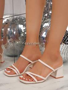 Women's Plus Size Double Strap Chunky Heel Sandals, Sexy White High Heel Square Toe Slip-On Dress Sandals, Suitable For Wedding, Office, Vacation