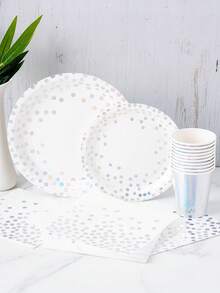 White & Silver Polka Dot Petal Shaped Disposable Plates, Napkins, Cups Set, Black Plates, Napkins And Cups Party Supplies, Fits 10 Guests, Disposable Paper Plates Party Tableware Suitable For Birthday, Wedding, Party, Family Picnic