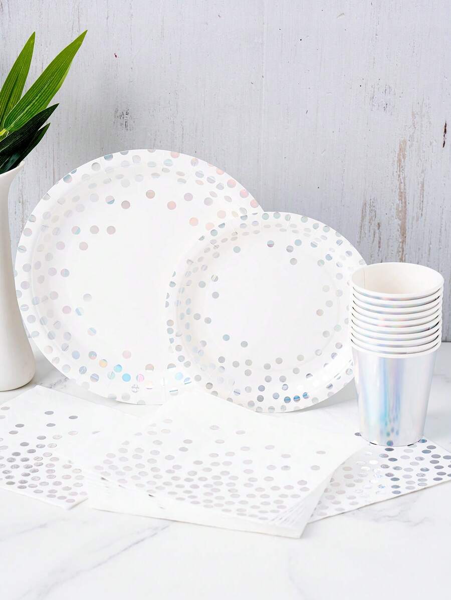 White & Silver Polka Dot Petal Shaped Disposable Plates, Napkins, Cups Set, Black Plates, Napkins And Cups Party Supplies, Fits 10 Guests, Disposable Paper Plates Party Tableware Suitable For Birthday, Wedding, Party, Family Picnic