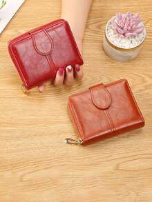 Short Portable Tri-Fold Wallet, PU Women's Multi-Functional Wallet Zipper Large Capacity Coin Purse, Document Storage Bag Women's Oil Wax Leather Retro Coin Purse Simple Buckle Coin Bag Girls' Small Wallet - White - View 1