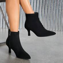 2025 Kitten Heel Suede Pointed Toe Side Zipper Short Boots, Fall, Winter, Autumn, Fashion For Women,Elegant - Black - View 9