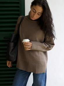 GIGOGOU 秋冬保暖女士宽松高领毛衣休闲长袖上衣秋季衣服 - 咖啡棕 - 查看 5