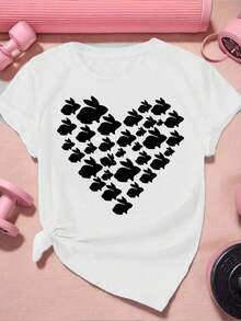 Camiseta gráfica con corazón de conejo ,Camiseta informal de algodón de verano para mujer, manga corta, cuello redondo, 220 g/m2 (1 pieza) - Blanco - Ver 2