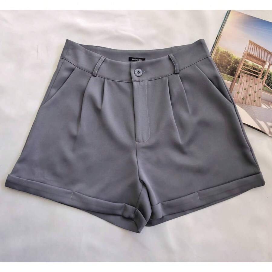 Women's Tailored Shorts With Buttons - Grey - View 1
