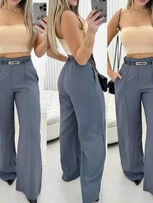 Women's Wide-Leg Tailored Trousers With Belt And Pockets, Elegant High Waist, New Collection Launch, Women's Clothing. - 灰色 - 查看 2