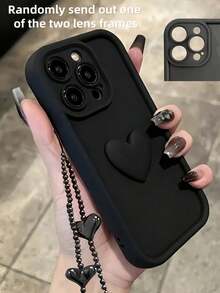 Cute Korean Exquisite Silver Love Heart Soft Phone DIY Case Compatible With Samsung S24 S25 Ultra S24 Plus A12 A13 A14 A23 A52 A34 A54 S20 FE S21 FE S23 Ultra/Apple 17/17 Air/17 Pro/17 Pro Max Wrist Chain Hang Strap Shockproof Candy Protective Cover, Compatible With IPhone 13, Phone Case, 16, Case, Phone Accessories, A56 5G, Phone Case, 13 Mini Case, 17 Case - Black Heart + Love Chain - View 4