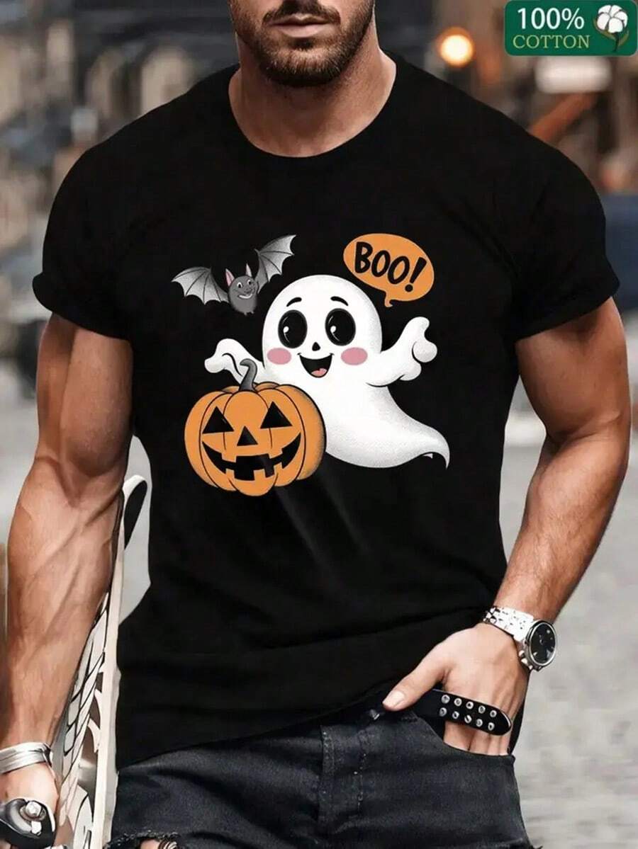 1pc Men'S Halloween Pumpkin & Bat Graphic T-Shirt - 100% Cotton 200gsm Retro Casual Sport Tee With Playful "Boo!" Design, Regular Fit Short Sleeve Round Neck For Halloween Parties & Casual Attire, Halloween Clothes, Party Attire, Comfortable Fit Shirt, Durable Print Quality, Seasonal Clothing, Vintage Style, Breathable Material, Printed Top, Adult Clothing,Nightmare Before Christmas,Christmas,Halloween Costumes,Funny T Shirts,Summer Outfits,Thanksgiving Day,Men Graphic Tees,Streetwear Men - 黑色 - 查看 1