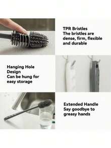 1/3 pezzi Spazzola in silicone con manico lungo, spazzola per la pulizia di bottiglie, spazzola con manico lungo, spazzola in silicone per bottiglie, strumento per la pulizia di tazze e bottiglie, spazzola in silicone multifunzionale riutilizzabile, adatta per tazze e bottiglie