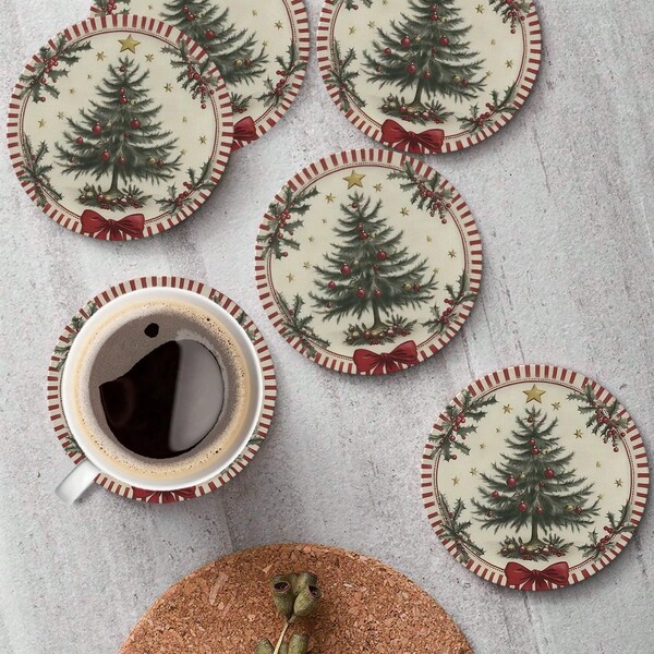 Juego de 6 posavasos redondos de madera, diseño de corona navideña y árbol a rayas rojas - 10 cm, aptos para bebidas calientes y frías, perfectos para la decoración de la mesa de café y el hogar, protección de la mesa, regalo ideal para inauguración de casa, impresión 2D, posavasos, decoración de cocina, accesorios de cocina, decoración de mesa de comedor, decoración del hogar, decoración navideña, regalo de Navidad, regalo festivo, disponible en 1 juego, 2 juegos o 3 juegos