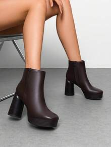 Women's Retro-Modern Square Toe Chunky Round Heel Ankle Boots With Lightweight Platform, Perfect For Daily Outings - Brown - View 3