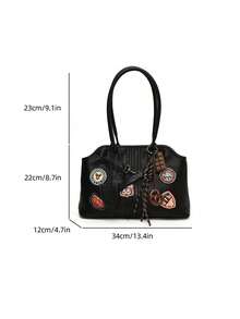 low tea 1 pieza Bolso de hombro de mujer de unicolor de piel de PU, bolso de hombro de moda vintage casual con asas duales y cierre con cremallera, adecuado para salidas diarias, citas, ir al trabajo, incluye colgante - Negro - Ver 3