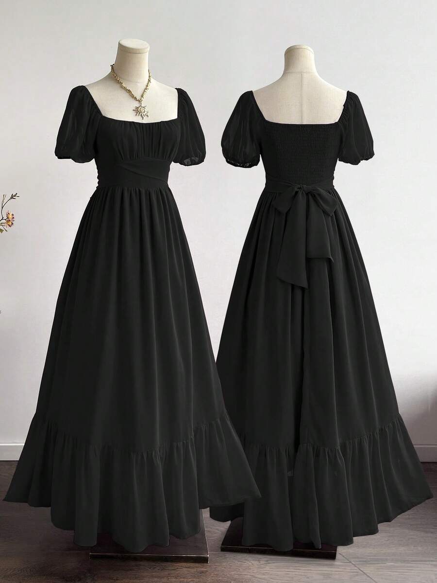 Rusttydustty 女士优雅休闲收腰黑色雪纺长袖荷叶边连衣裙，适合新年、情人节等场合 - 黑色 - 查看 1