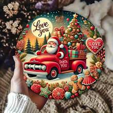 1 pièce Décoration murale en métal plate et limitée dans le temps en forme de camion du Père Noël - Panneau rond en fer avec une couronne de Noël, une maison en pain d'épices et un design de boîte-cadeau - Décoration de vacances moderne pour le salon, la cuisine, la chambre, le bar, la salle à manger, accessoires saisonniers pour la maison, motif festif