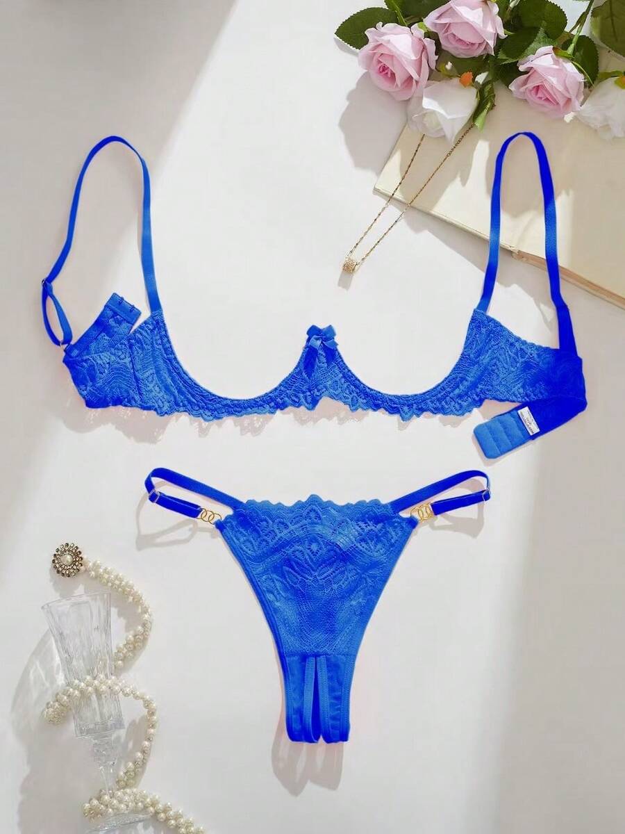 性感内衣，时尚粉色花卉蕾丝文胸内裤套装，无钢圈文胸和内裤 - 寶藍色 - 查看 1