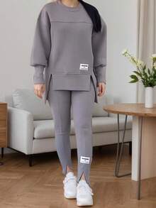 2025 New Irregular Print Two-Piece Set, Long-Sleeved Round Neck Slit Sweatshirt And Slim Front Slit Leggings, Machine Washable, Comfortable Version, Winter Clothes For Women - 灰色 - 查看 6