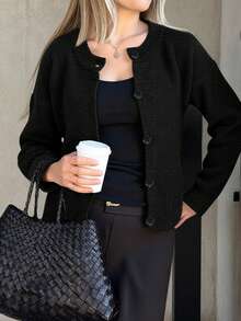 Knit Mix 优雅法式宽松针织开衫，女士圆领长袖毛衣，休闲纯色外套，适合圣诞节、感恩节、新年、秋冬季穿着，黑色 - 黑色 - 查看 6