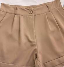 Women's Tailored Shorts With Buttons - Camel - View 2