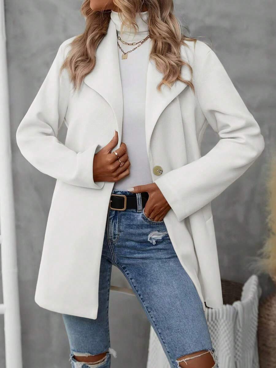 Abrigo elegante de mujer de unicolor con solapa - Blanco - Ver 1
