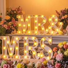 A Set Of 6 Wedding Decoration Holiday Party Packages, LED Lights With Neon Lettered Desktop Logos For "Mr. And Mrs.", Independent Plastic Battery Powered, Perfect For Photo Props, Valentine's Day Anniversary Wedding Decorations - Powered By AA Batteries (Batteries Not Included) - 白色 - 查看 12