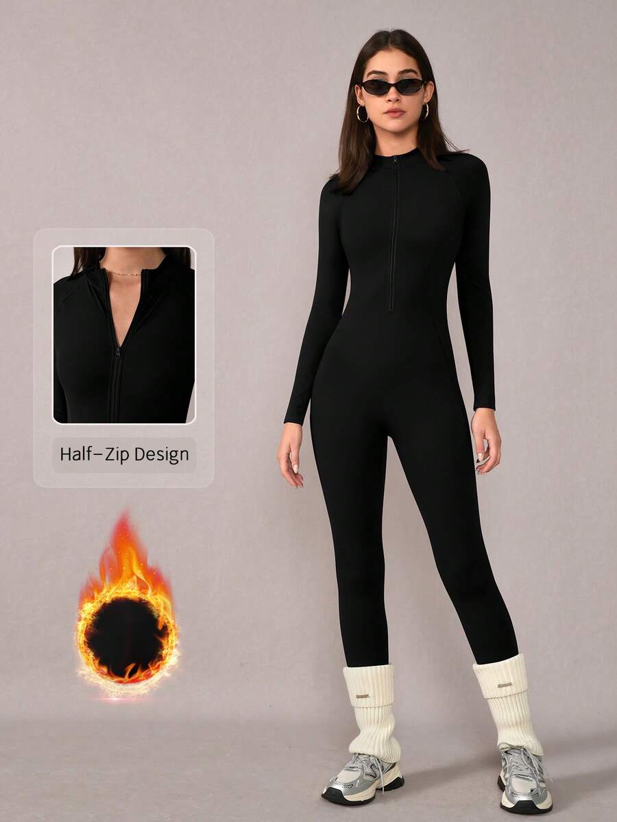 NcmRyu 一件装 女士修身立领拉链塑形提拉健身运动跑步瑜伽连体裤 - 黑色 - 查看 1