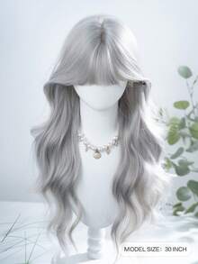 alicegarden 1 合成耐热假发，灰色长卷假发，带刘海，30 英尺长，由纤维制成，适合日常使用，自然仿真假发 - 灰色 - 查看 2