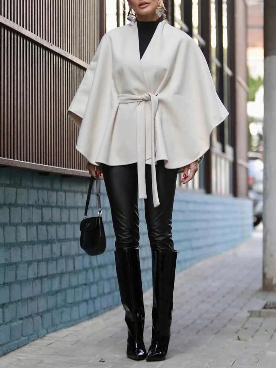 Women's Winter Solid Color Fabric Tie Waist Belt Bowknot Elegant Dating Formal Dinner Winter Shawl Winter Cape Winter Coat New Year Coat
