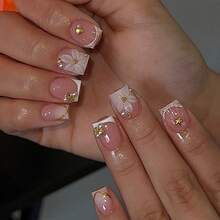 24片短方形美甲贴纸，简约白色法式3D花卉、贝壳、海星、白色珍珠美甲贴花，可爱优雅的美甲装饰套装，适合日常佩戴和派对（包含：1片果冻胶和1片指甲抛光条）美甲用品 - 彩色 - 查看 7